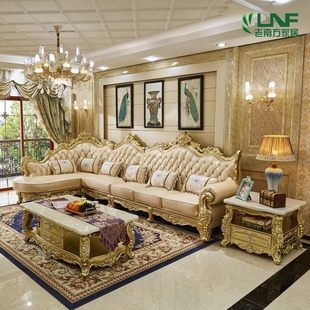 欧式 实木真皮沙发客厅橡木沙发组合新古典香槟色转角沙发小户型