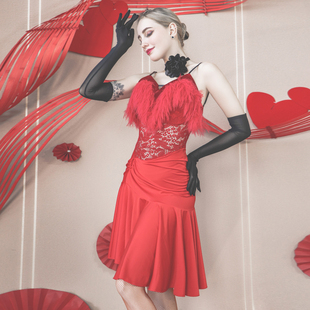 又见梵羽专业拉丁舞练功服性感吊带连衣裙伦巴恰恰表演舞服红色新
