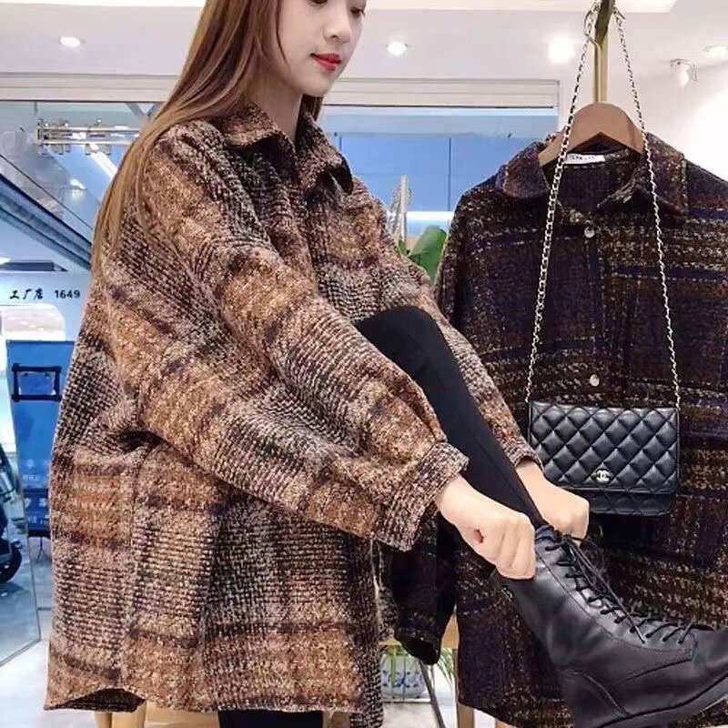 折扣店大牌商场撤柜清仓秋冬毛呢格子衬衫女复古长袖韩版宽松外穿