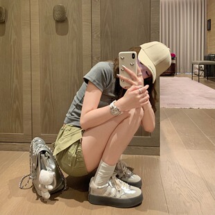 刘雯杨紫同款松糕鞋复古三杠蕾丝边厚底德训鞋女百搭增高休闲板鞋