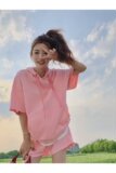 学院风减龄粉色休闲套装女2025夏季新款韩系甜美连帽T恤短裤套装，女装套装/套裙，2D009