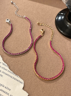 S925纯银新年复古红满钻手链女爆