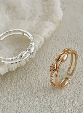 S925纯银双层小鱼开口戒指女韩版