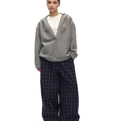 SILVERLOTUS 灰色/黑色肌理连帽大V领叠穿套头宽松上衣卫衣