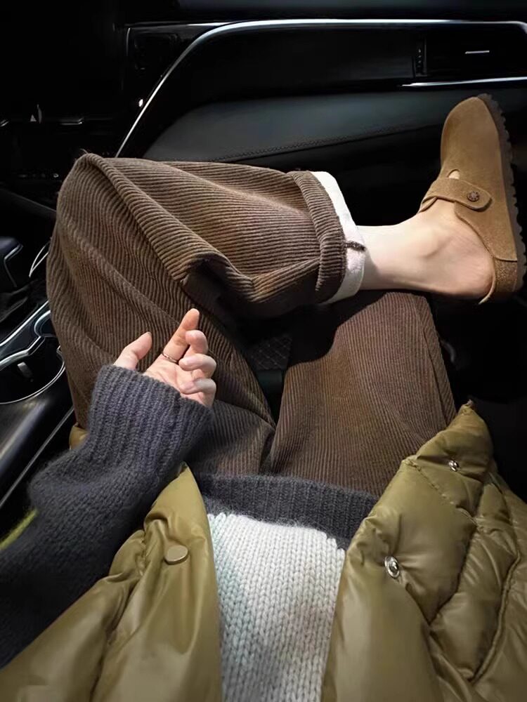 孕妇灯芯绒阔腿裤秋冬季加绒加厚九分休闲奶奶裤宽松显瘦直筒长裤