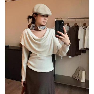 韩系斗篷式披肩长袖针织衫女秋冬叠穿气质两件套修身荡领毛衣上衣