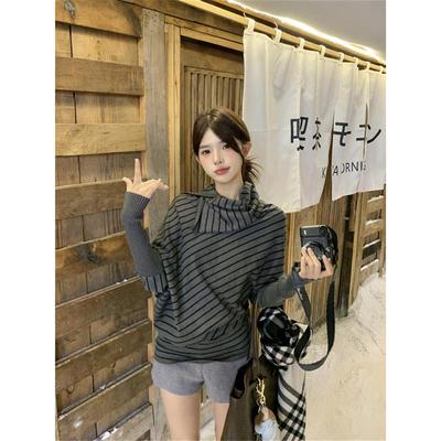 不规则设计感蝙蝠袖针织衫毛衣女秋冬慵懒宽松高级感条纹长袖上衣