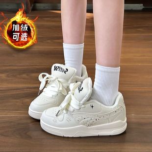加绒板鞋春秋冬款厚底面包鞋女百搭轻便运动休闲保暖小白棉鞋子女