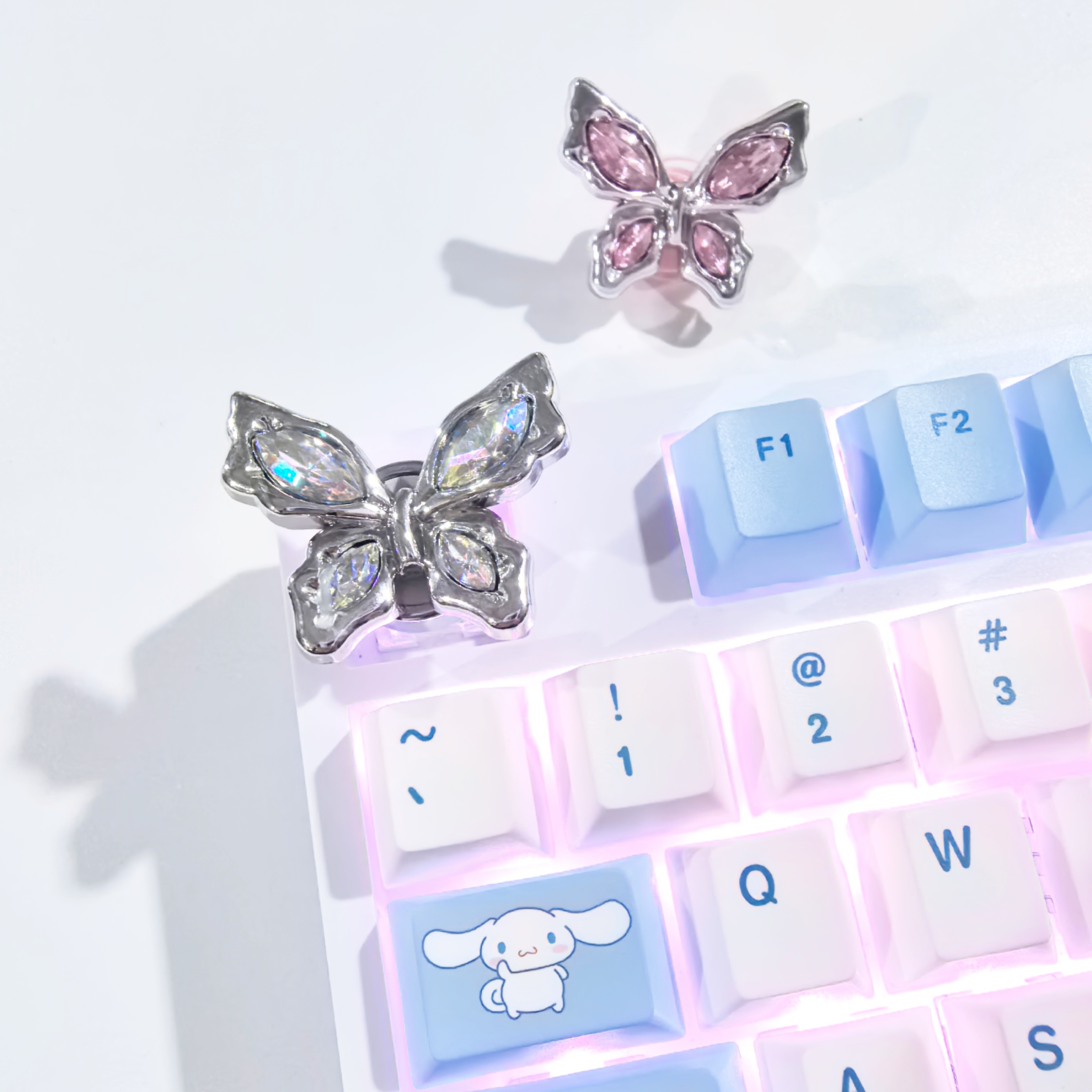 手工蝴蝶结蒸汽朋克机械键盘个性键帽圆形立体可爱电镀银粉色十字