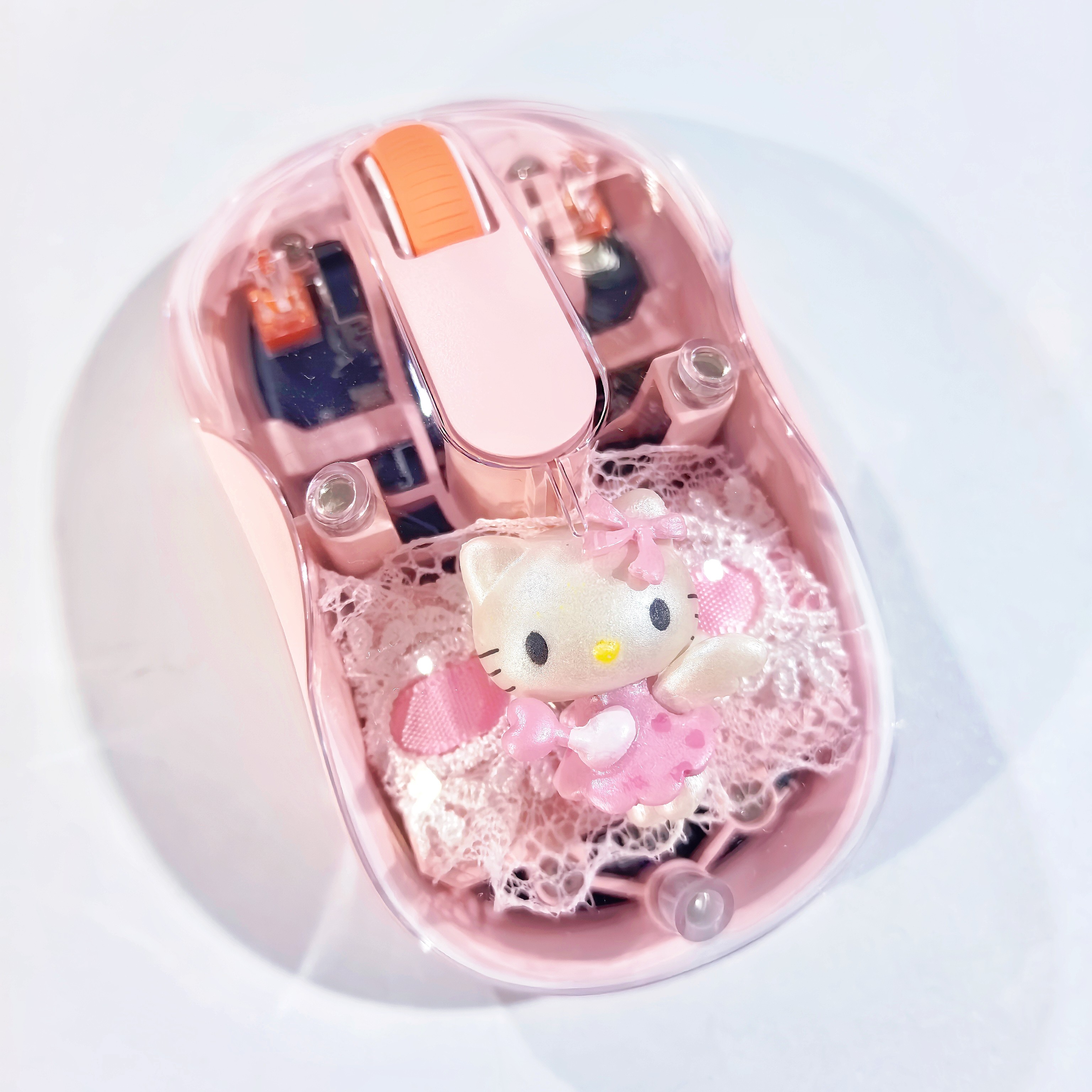 手工HelloKitty鼠标粉色蕾丝透明无线蓝牙办公静音卡通KT猫可爱