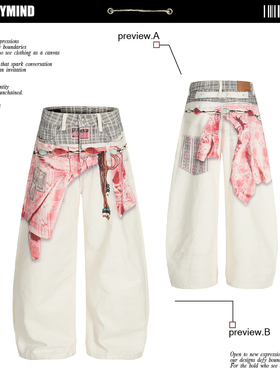 小众设计感名族风3D印花双腰头阔腿裤潮男女宽松直筒牛仔长裤百搭