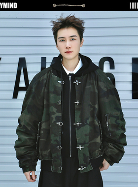 美式复古潮牌高街迷彩连帽假两件棉衣男女MA1棉服Boomber夹克外套