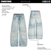 冰蓝3D打印烫钻泼墨星光蛛网水洗阔腿牛仔裤 男女宽松街头廓形长裤