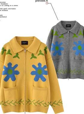 慵懒风ins可爱花卉提花拉链开衫毛衣外套男女情侣宽松针织衫潮牌