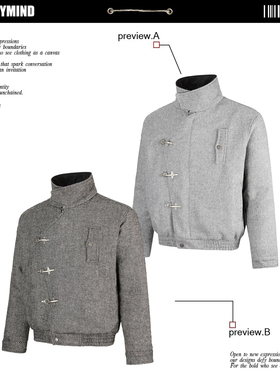 复古千鸟格纹斜襟飞机扣翻领夹克外套男女冬季羊毛混纺boxy棉服