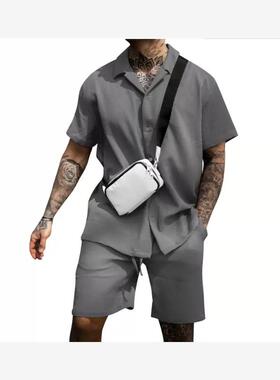Men's casual button up polo shirt short sleeved shorts set