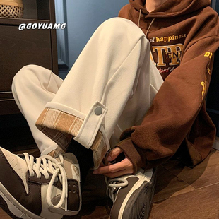 宽松百搭翻边撞色阔腿裤 休闲运动裤 学生韩版 直筒裤 女2026春秋新款