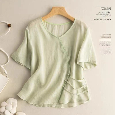 苎麻T恤女斜襟盘扣文艺复古棉麻