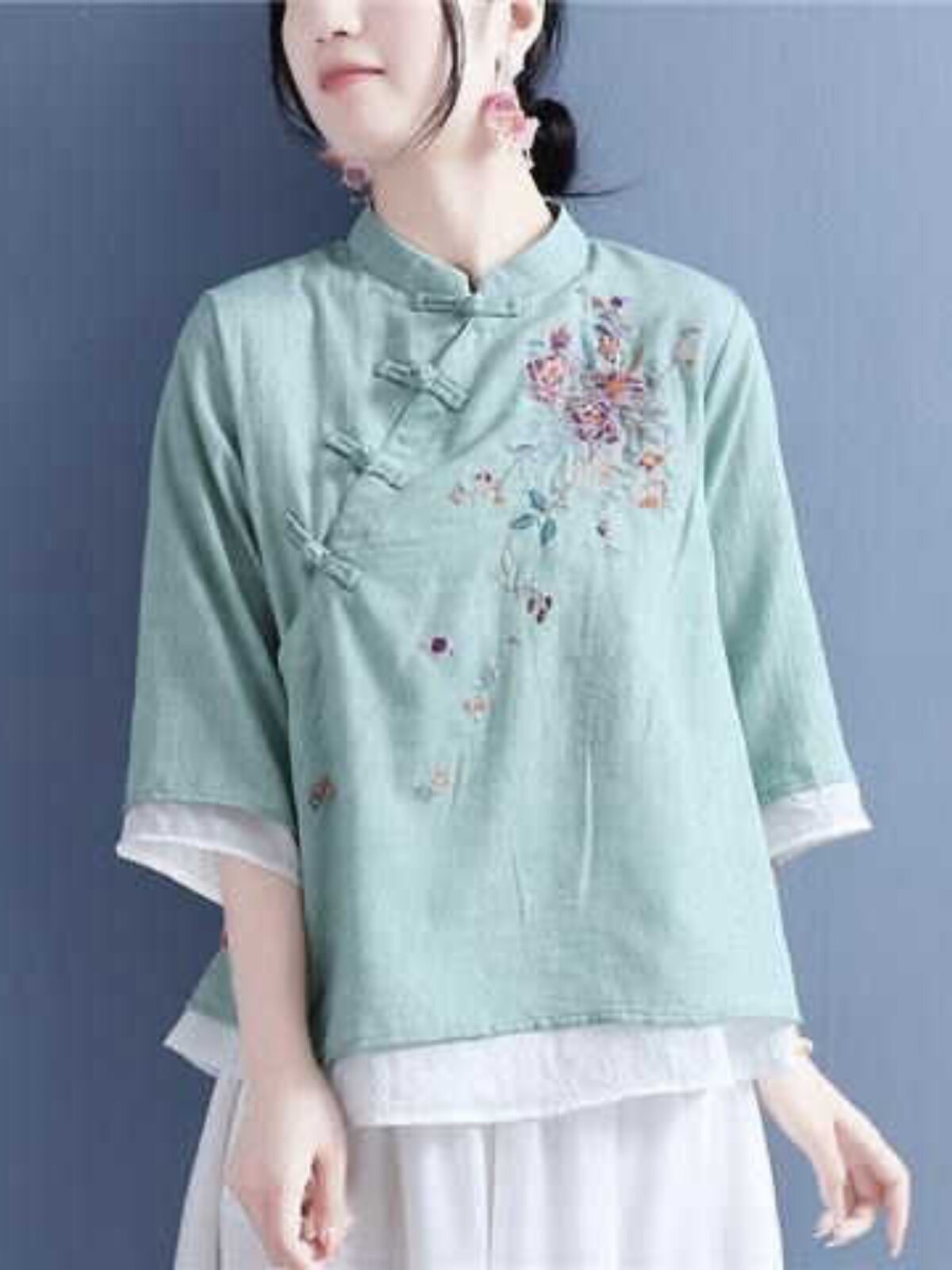 CHINESE RETRO EMBROIDERED COTTON AND LINEN SHIRT PLACKET 2024 DISC BUCKLE NEW CROPPED TOP CHINESE STAND-UP COLLAR TEA DRESS