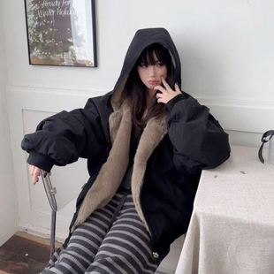 座山雕大码美式复古双面穿加绒连帽外套女冬季宽松保暖百搭上衣