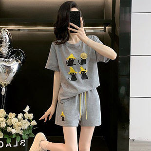 T恤短裤 女俏皮可爱灰色短袖 两件套 高级洋气减龄休闲运动套装 夏季