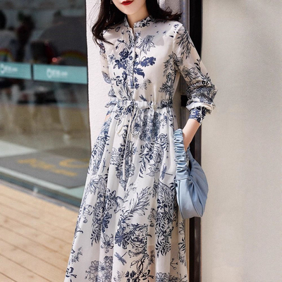 欧美碎花长袖连衣裙女春秋新款