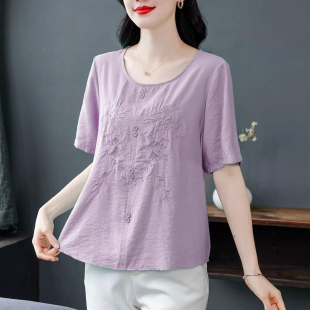 宽松休闲小衫 时尚 新款 棉麻T恤女士夏装 洋气妈妈遮肚上衣 刺绣短袖