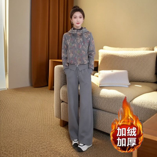 加厚加绒阔腿裤 时尚 女秋冬季 连帽卫衣套装 两件套减龄显瘦 碎花时尚