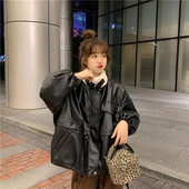 长袖 韩版 宽松立领皮衣外套女加绒加厚小个子机车服黑色短款 外套女