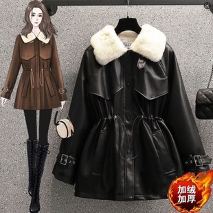 大码 时尚 女装 新款 气质收腰皮毛一体机车加绒皮衣外套潮 冬季 韩版