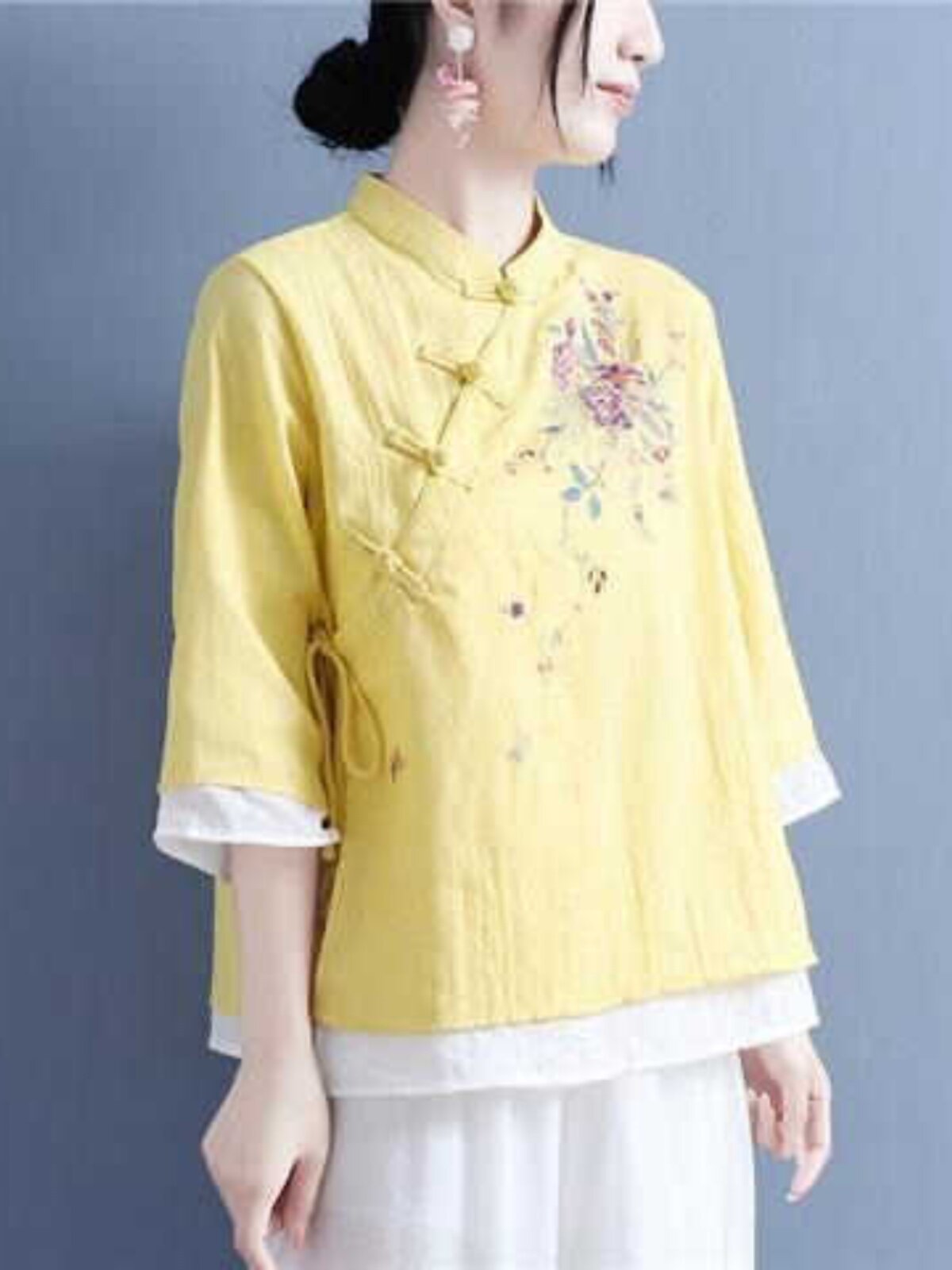 CHINESE RETRO EMBROIDERED COTTON AND LINEN SHIRT PLACKET 2024 DISC BUCKLE NEW CROPPED TOP CHINESE STAND-UP COLLAR TEA DRESS