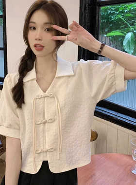 复古盘扣小衫女装泡泡袖上衣设计感小众夏季新款白色法式短袖衬衫