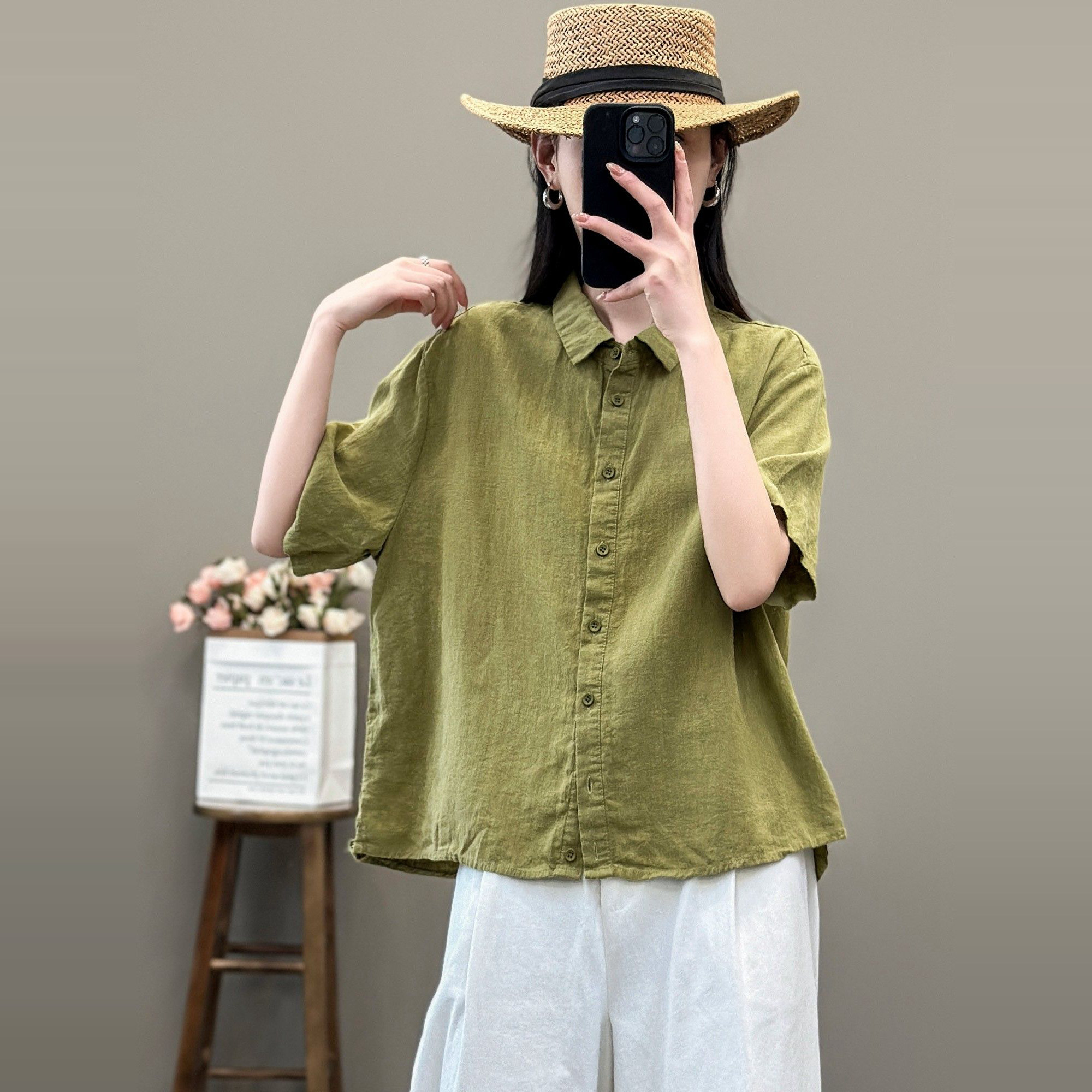 文艺复古风麻料衬衫女夏季气质通勤纯色百搭翻领棉麻五分袖上衣女