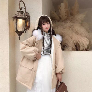 冬季新款中长款韩版宽松大毛领棉衣棉服女学生加厚工装开衫外套女