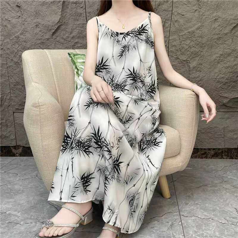 【水墨竹韵】竹叶碎花时尚法式宽松气质吊带连衣裙女春夏长款裙子