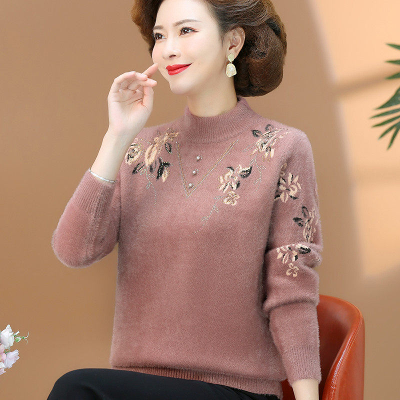 妈妈毛衣女2023新款春秋装加厚水貂绒上衣50岁中老年女保暖打底衫