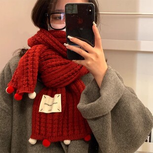 Autumn and Winter Red Knitted New Year Scarf Women过年围巾
