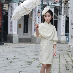 女童旗袍新中式儿童礼服白色蕾丝披肩改良民国风女孩生日宴套装夏