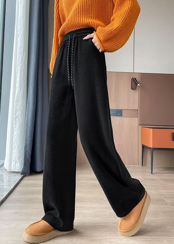 小个子白色窄版直筒阔腿加绒加厚羊绒糯米裤秋冬抽绳高腰垂感