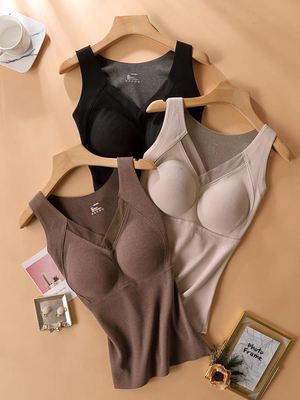 8803德绒石墨烯保暖发热背心女士V领背心免穿文胸一体杯打底上衣