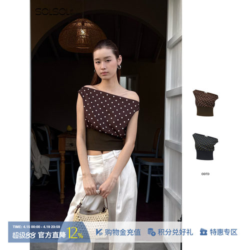 ODTD波点印花罗纹下摆斜肩T恤