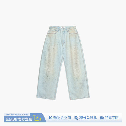 ETHOR简约烫钻水洗做旧牛仔长裤
