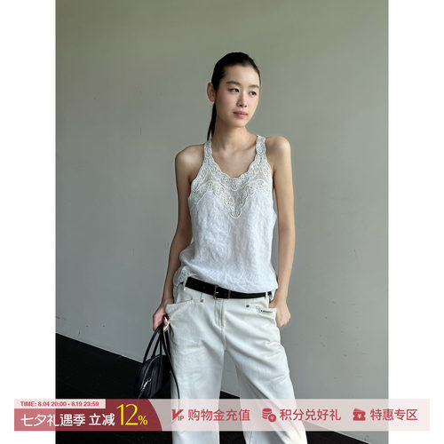 ETHOR简约亚麻蕾丝拼接上衣背心