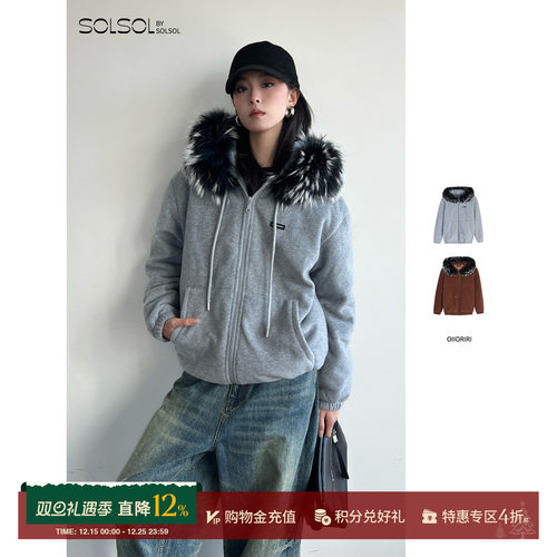 OIIORIRI鹅绒毛领抽绳连帽外套