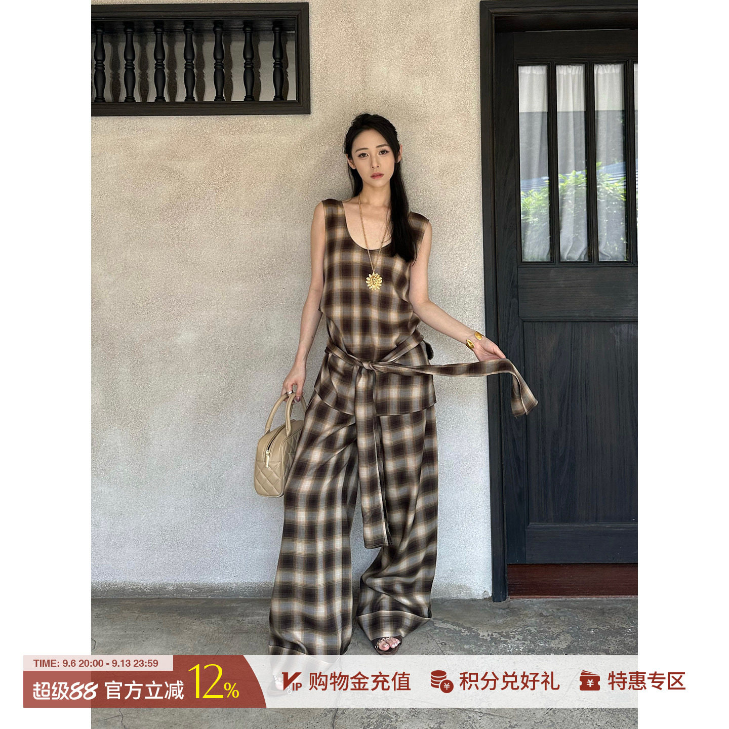 RODERICWONG秋季格纹背心空气裤图片