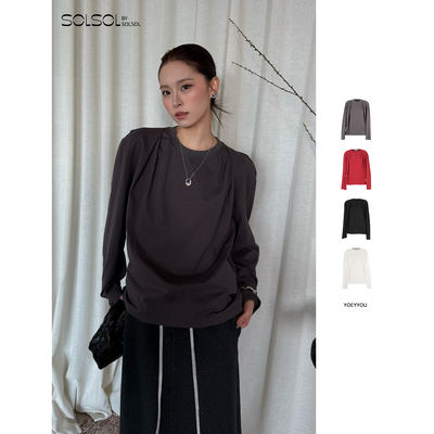 YOEYYOU纯色打褶长袖T恤
