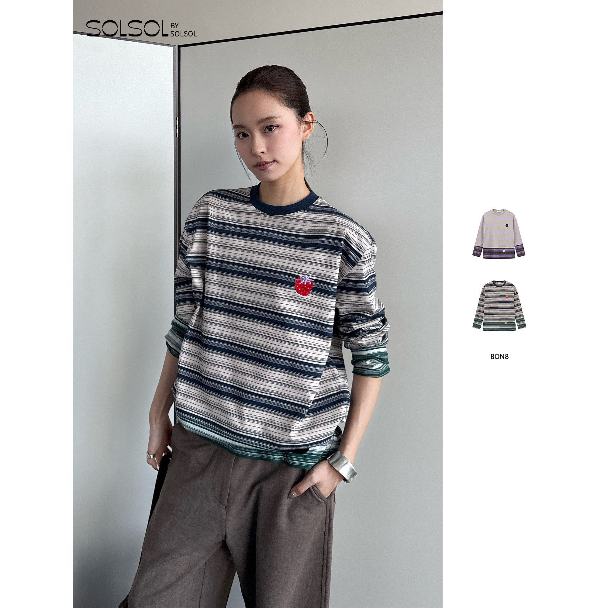 8ON8 设计师品牌26春夏新品 拼接条纹草莓长袖T恤 SOLSOL买手店,女装/女士精品,T恤,淘宝优惠券,粉丝福利购,淘宝优惠卷