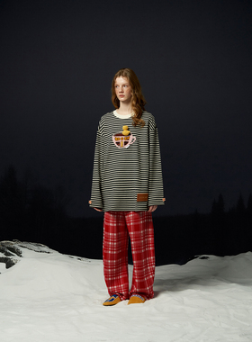 CHEERi UPi  设计师 25秋冬新品 鸭鸭/小熊的咖啡屋条纹长袖TEE