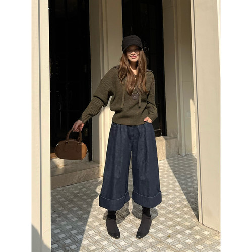 IMMI水洗复古牛仔翻边中裤