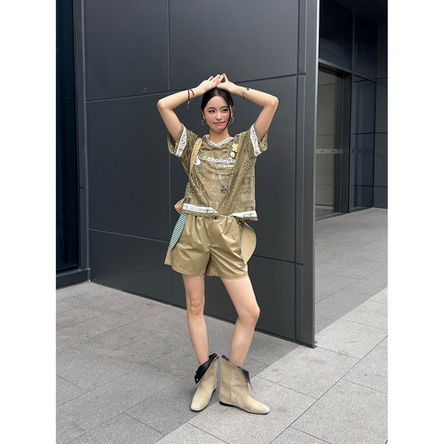8ON8设计师品牌芥绿蕾丝短袖T恤